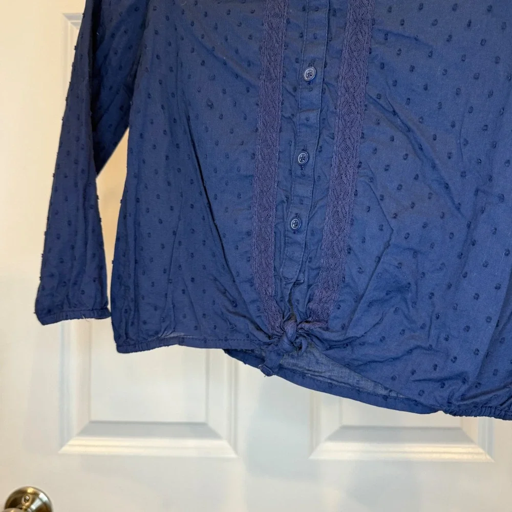 Oshkosh B'gosh Girls Navy Blue Swiss Dot Tie Front Long Sleeve Shirt Size‎ 7/7A